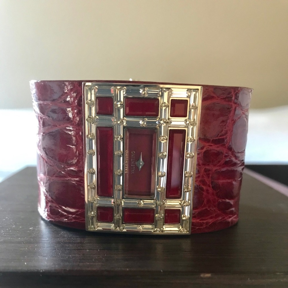 Valentino Red Crocodile Leather Cuff Crystal Watch